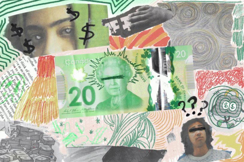 A collage of people, clouds and a 20 dollar bill