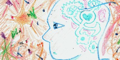 A crayon drawing of a person with mechanical gears turning in their head.