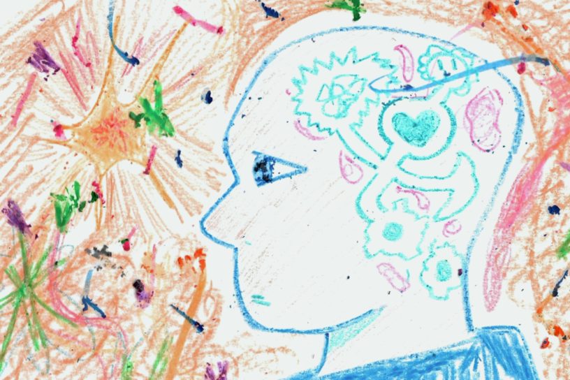 A crayon drawing of a person with mechanical gears turning in their head.