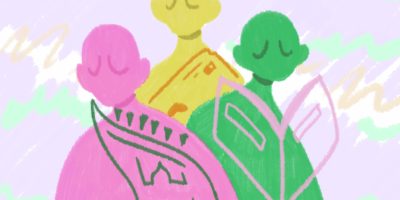 An illustration of three different coloured figures holding different items including a journal and prayer mat