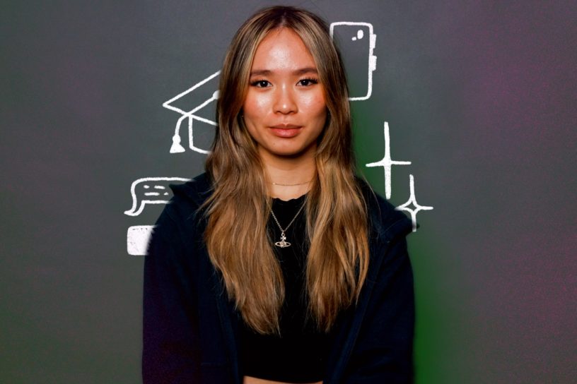 An image with illustrations of a phone, graduation cap, and text message bubbles behind the individual in the photo