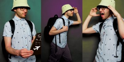 An illustrated image with three images of an individual looking in different directions and making different facial reactions