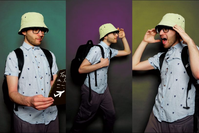 An illustrated image with three images of an individual looking in different directions and making different facial reactions