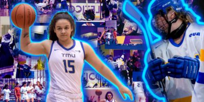 A compostie of multiple photos with two players enlarged and highlighted.