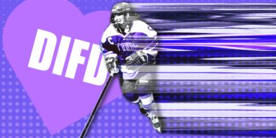 An illustration of a blurred hockey player with the words DIFD written in a heart behind her.
