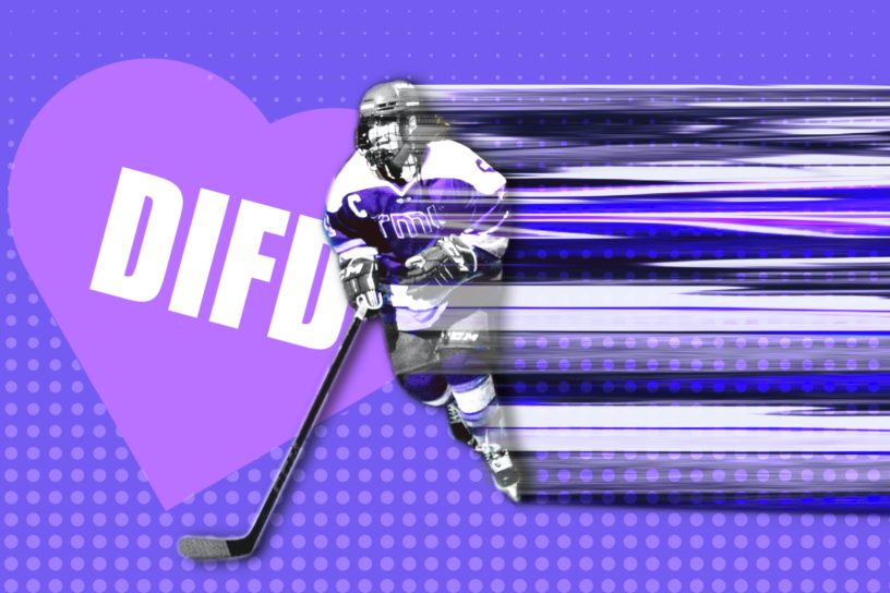 An illustration of a blurred hockey player with the words DIFD written in a heart behind her.
