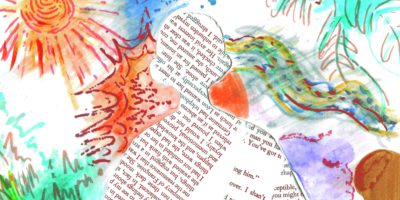 cutout of a person's silhouette surrounded by paint splashes and drawings