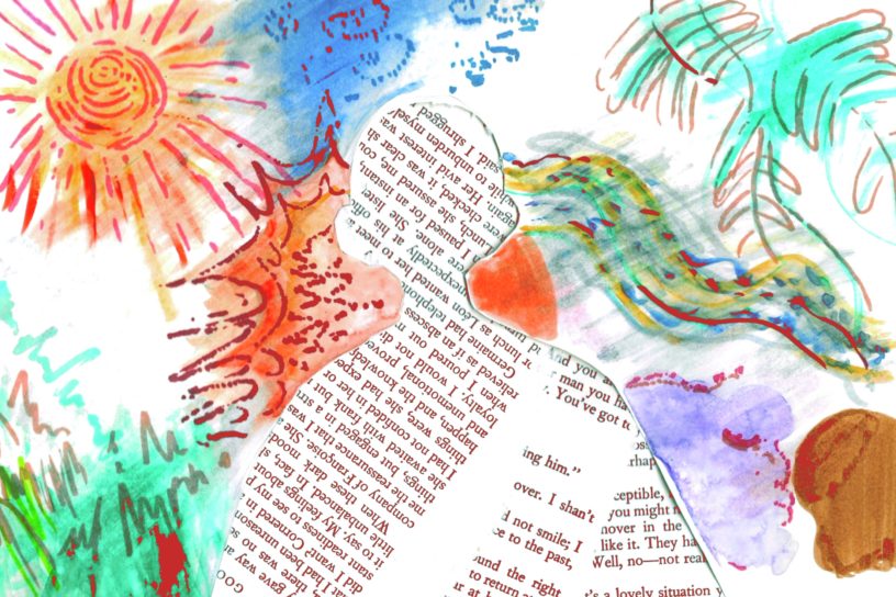 cutout of a person's silhouette surrounded by paint splashes and drawings