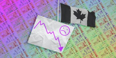 A colourful graphic showcasing a falling stock market and Canadian flag