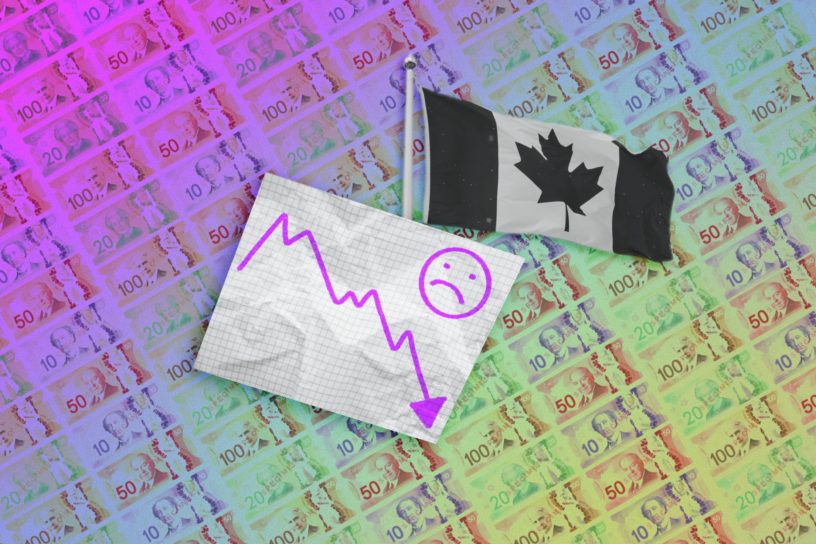 A colourful graphic showcasing a falling stock market and Canadian flag