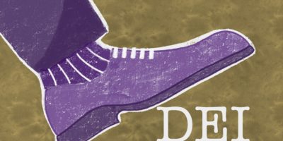 An illustration of a shoe about to stomp on DEI.