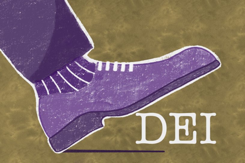 An illustration of a shoe about to stomp on DEI.