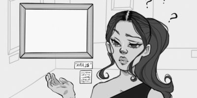 A confused woman looks at a blank painting