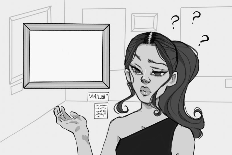 A confused woman looks at a blank painting