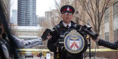 Duty Insp. Todd Jocko speaking at the scene of the crime at Nelson Mandela walk's police scrum regarding the hit-and-run