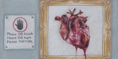 illustration of a heart in a picture frame hung on a wall with a sign on its left