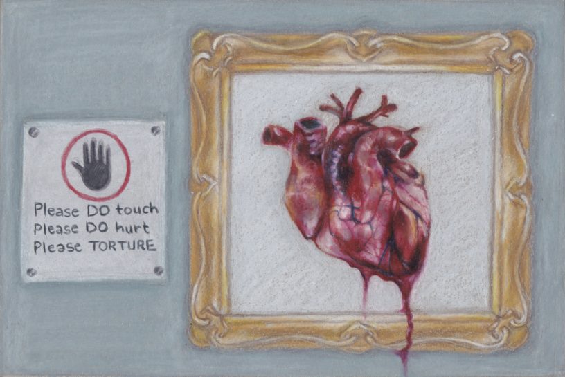 illustration of a heart in a picture frame hung on a wall with a sign on its left