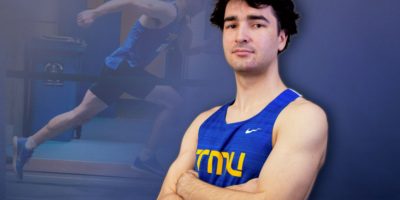 Jacob Duck poses with his arms crossed. A gradient in the background features a photo of him jumping