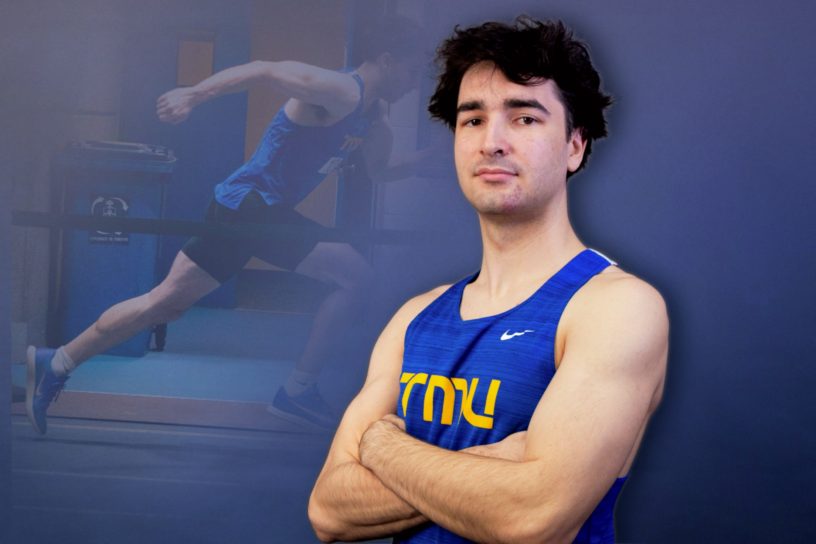 Jacob Duck poses with his arms crossed. A gradient in the background features a photo of him jumping