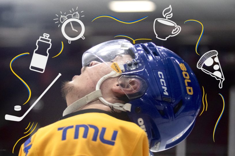 Spencer Shugrue looking up into the air through a foggy visor, with drawings of a hockey stick, water bottle, pizza, coffee and a clock hovering