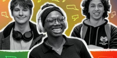 Three smiling students edited into a colourful graphic