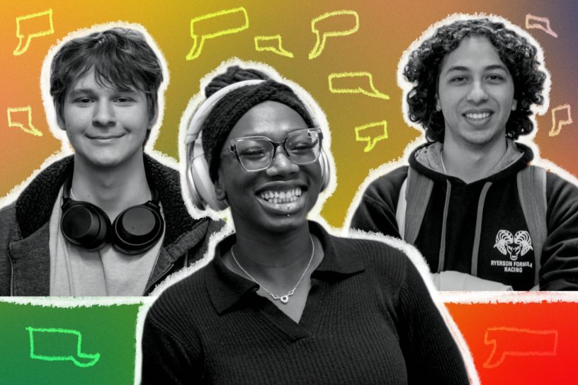 Three smiling students edited into a colourful graphic