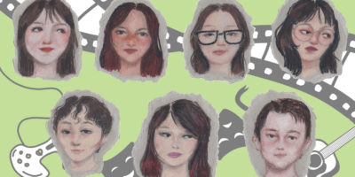 Illustrations of individuals faces cut out with illustrations of a guitar, film reel, game controller and theatre masks behind them. The background is green.