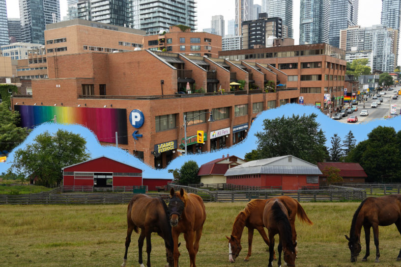A composite image of a farm on the bottom and a busy city on the top half of the frame. A blue line separates both images.