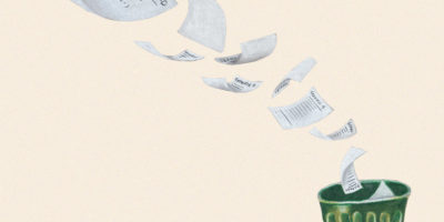 An illustration of resumes fluttering across the frame into a green garbage can on the bottom right side of the frame.