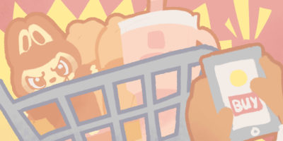 Illustration of an orange Labubu stuffed toy and pink water bottle in a grey shopping cart. Hands holding a phone with the word “buy” on it, in front of the shopping cart.