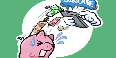 Illustration of money coming out of a piggybank that is feeding into a cellphone with a notification saying "Subscribe".