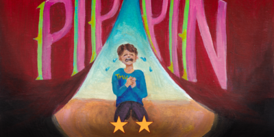 painting of a young student crying on his knees, under a spotlight on a stage. Red curtains are parted in the middle and the words “PIPPIN” are on the curtain.