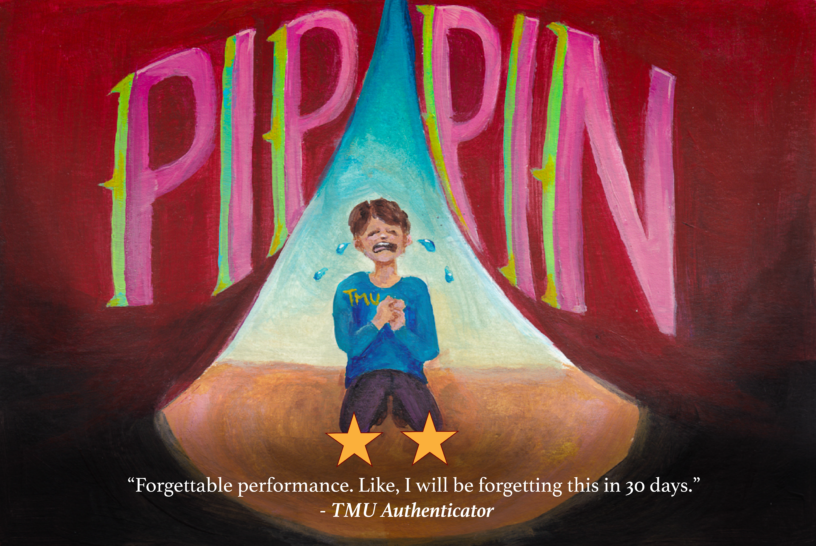 painting of a young student crying on his knees, under a spotlight on a stage. Red curtains are parted in the middle and the words “PIPPIN” are on the curtain.