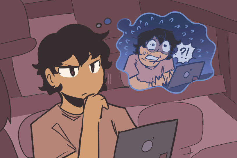 Illustration of a person in a lecture hall, there is a though bubble which depicts them on their laptop stressed out.