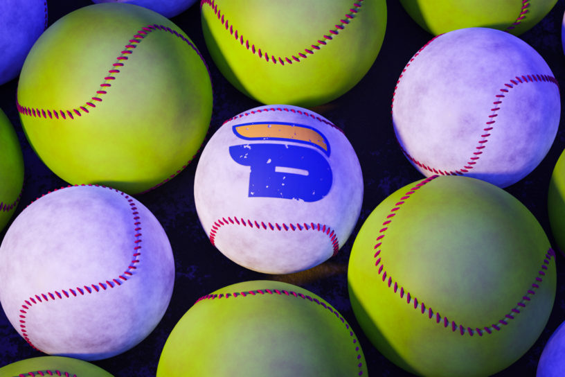 Illustration of yellow softballs, surrounding a row of three white baseballs, with the TMU Bold logo in the middle of one of the white baseballs.