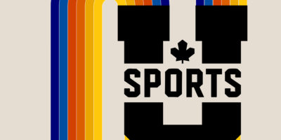 Image of the U Sports logo along a path of blue, light blue, orange, tangerine, gold, and yellow stripes on a beige background.