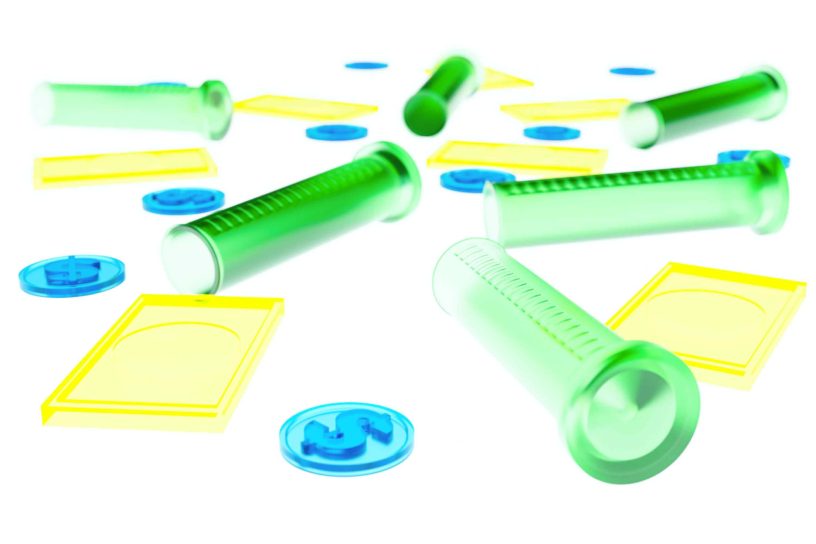 Test tubes, yellow rectangles and blue money chips spread out on a white background.