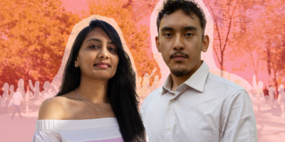 Two students looking directly at the camera in front of an illustrated background. The background is a picture of a university campus with a light red overlay, with a white border around the people and white drawings of tiny people in the background.