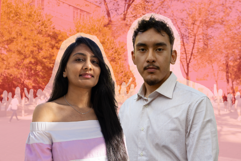Two students looking directly at the camera in front of an illustrated background. The background is a picture of a university campus with a light red overlay, with a white border around the people and white drawings of tiny people in the background.