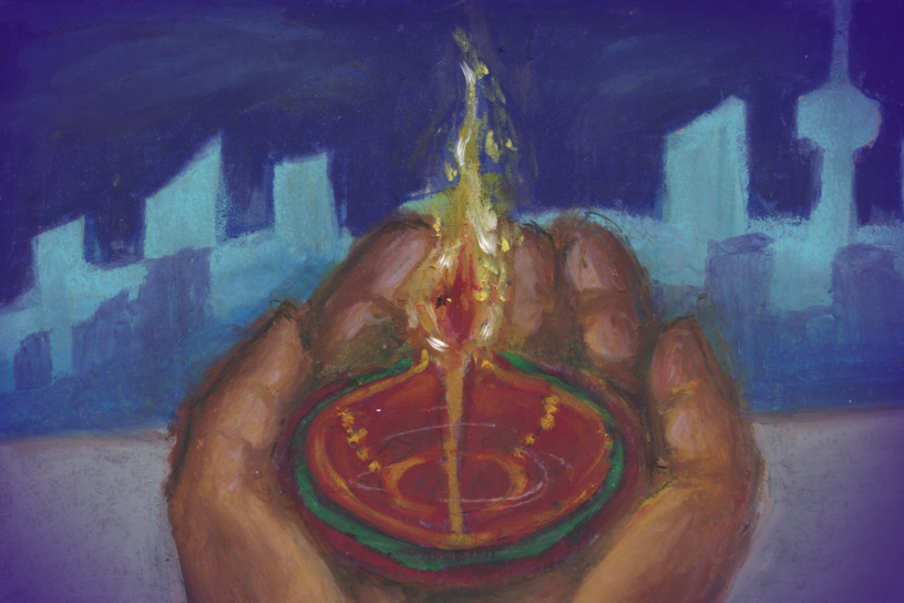 Illustration of someone holding a Diya with a blue background of Toronto's skyline.