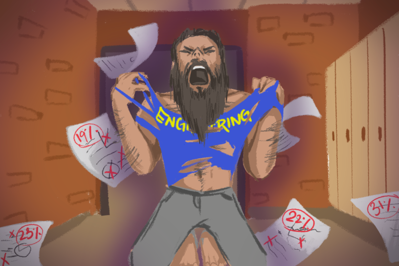Illustration of a werewolf in a hallway lined with lockers tearing off a blue and yellow shirt that reads "engineering".