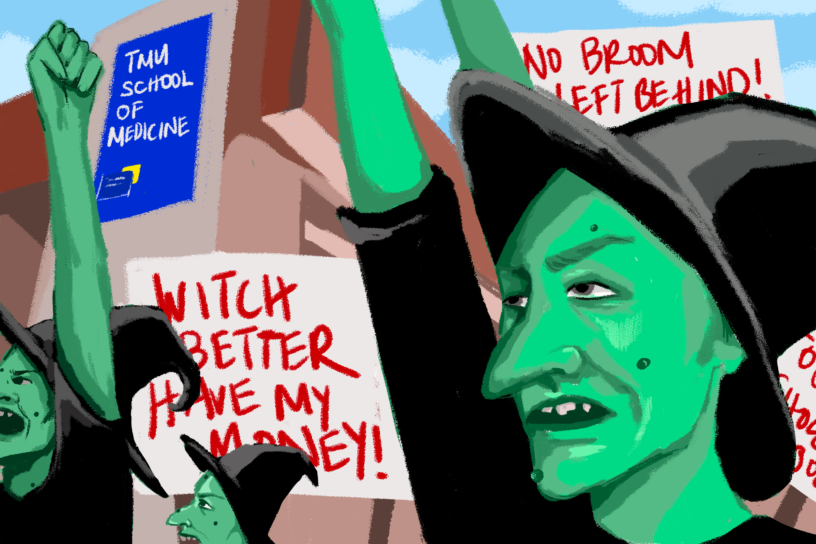 Illustration of witches outside a building with their arms raised, holding signs with bold red lettering.