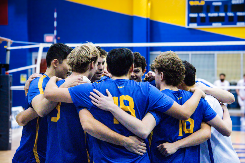 TMU men's volleyball huddle together after a play
