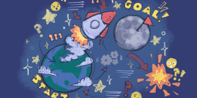 Illustration of a cycle with arrows, a moon, an earth, and a rocket in going from the earth to moon. There are also explosions and surprised faces around, all on a dark blue background.