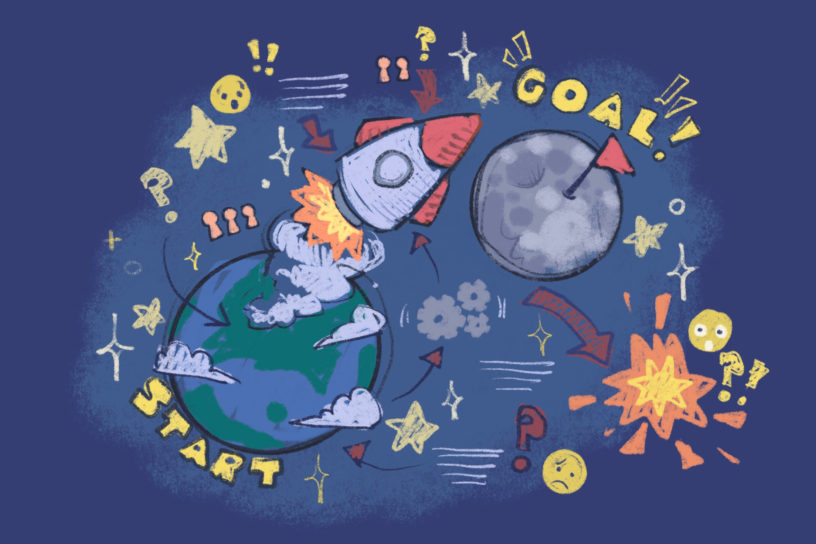 Illustration of a cycle with arrows, a moon, an earth, and a rocket in going from the earth to moon. There are also explosions and surprised faces around, all on a dark blue background.