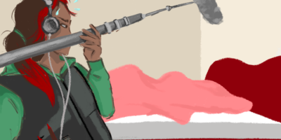 Illustration of a person with brown and red hair with headphones and holding a long boom mic that is pointed at a bed. The bed has a pink blanket on it that shapes under it.