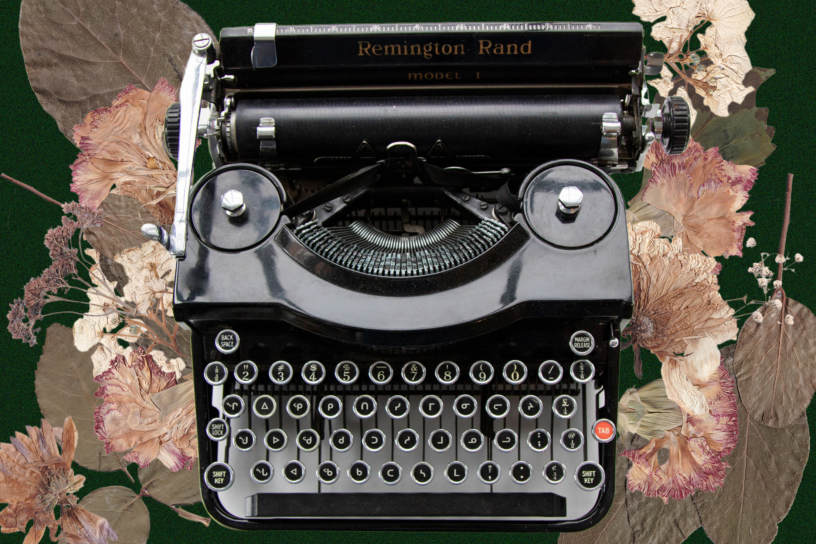Collage of a typewriter with the keys in Inuktitut syllabics. There are pressed flowers on top of a green background around the typewriter.