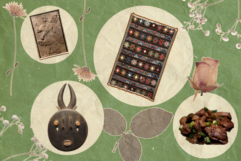 Collage of four items on top of cream circles on a green background. There are pressed plants surrounding the items.