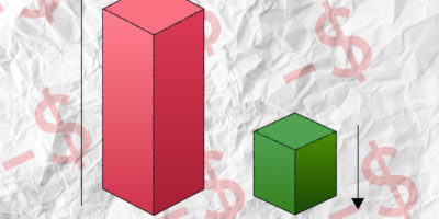 Two bar graphs on a white paper with a red graph that reads "expenses" and a green graph that reads "income".