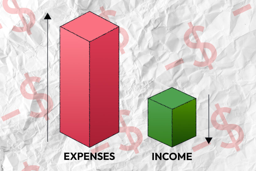 Two bar graphs on a white paper with a red graph that reads "expenses" and a green graph that reads "income".